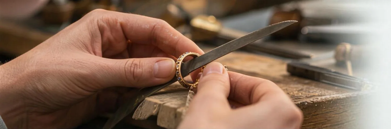 Handen die een gouden ring vijlen aan de werkbank